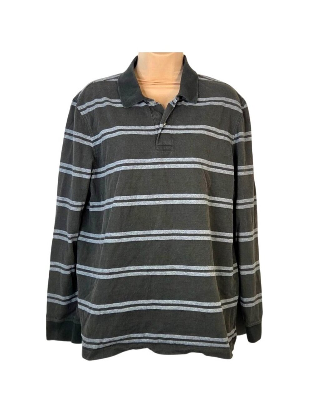 St. Johns Bay Mens Long Sleeve Polo Shirt M Striped Gray & White 100% Cotton